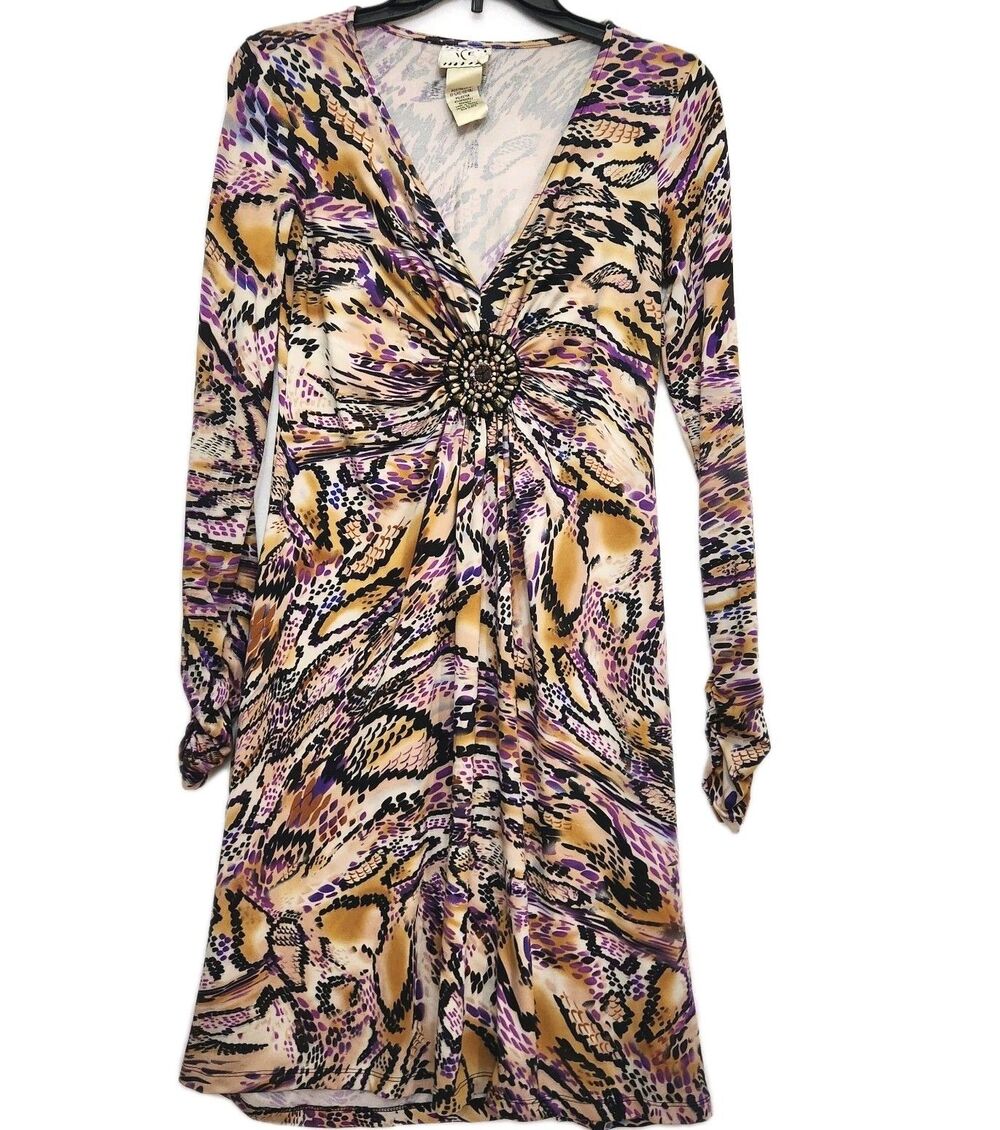 Ice Vintage Y2K Abstract Animal-like Print Long Sleeve Midi Dress Women SZ Small